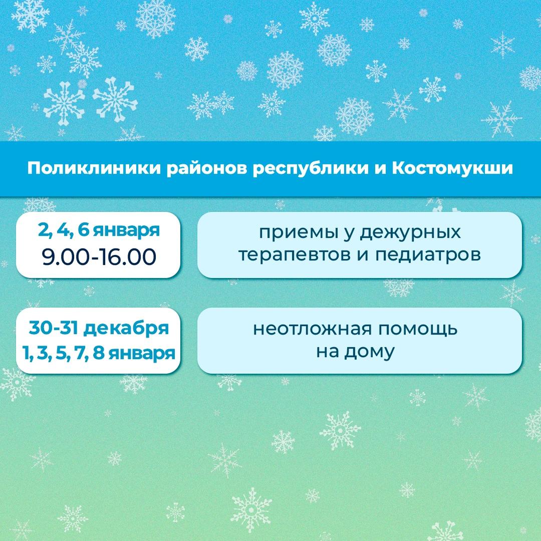 С 30 декабря по 9 января медицинские организации Карелии работают в особом режиме — ТЦ «Добрыня», Петрозаводск
